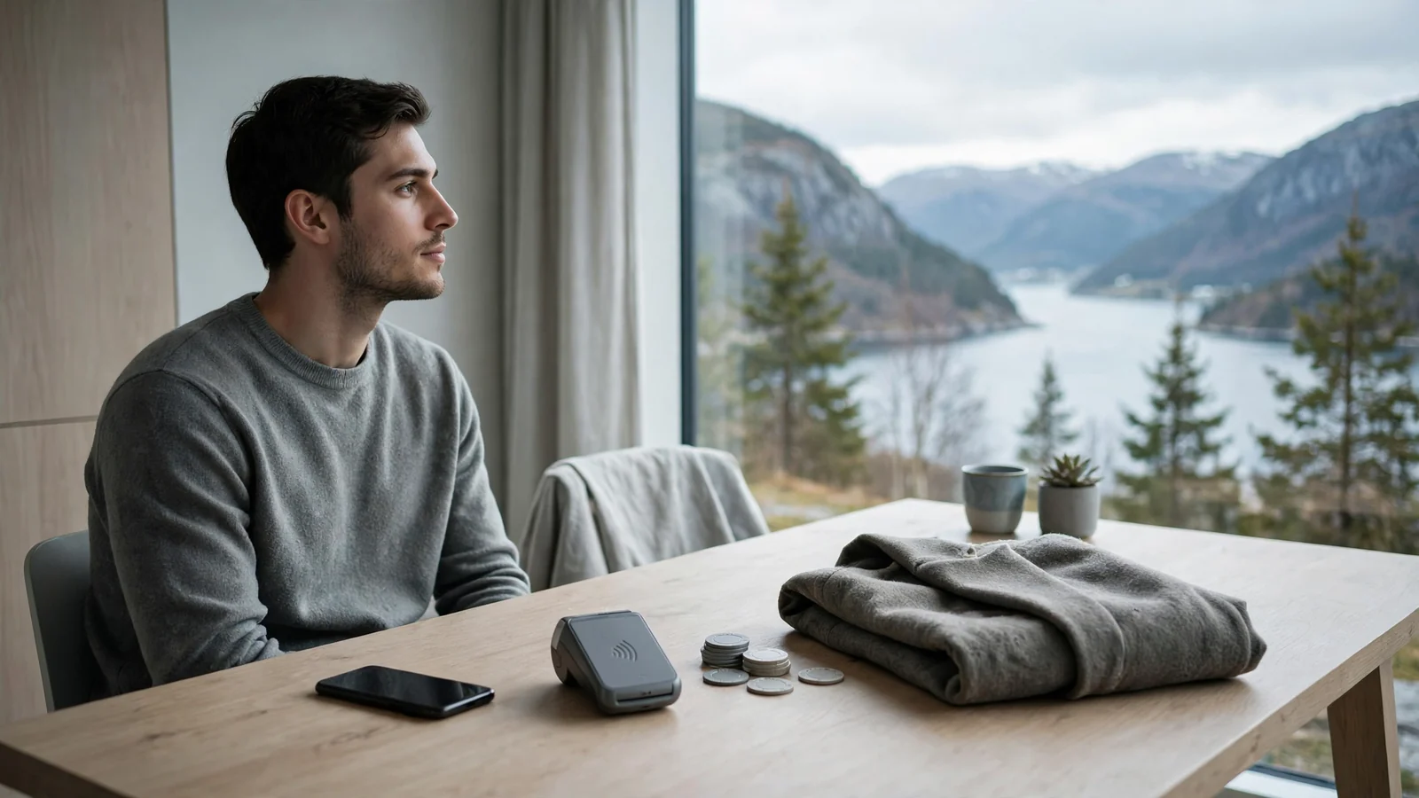 Nordisk interiør med telefon og betalingsterminal ved fjorden