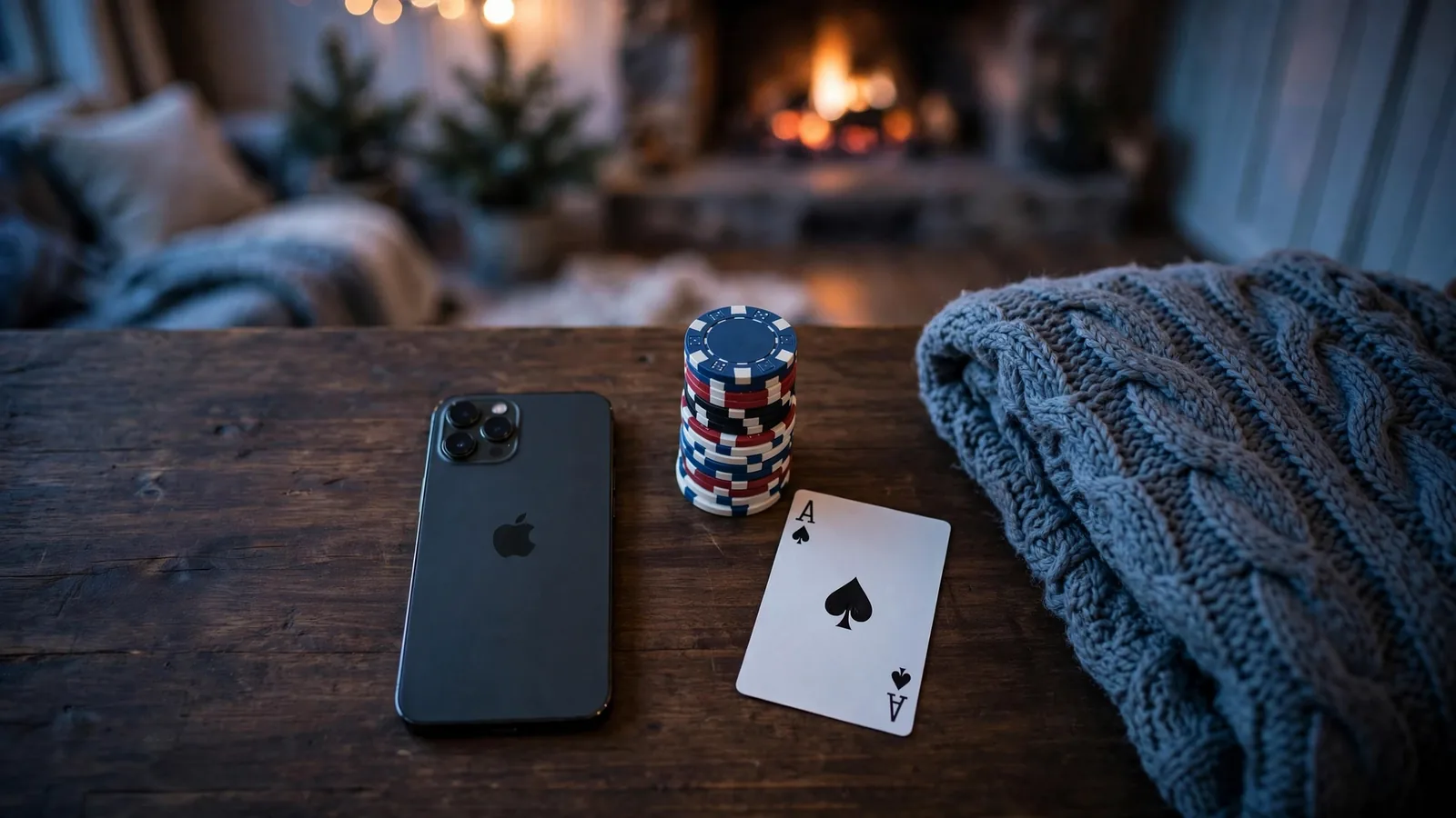 iPhone på et norsk stuebord ved siden av pokerjetonger