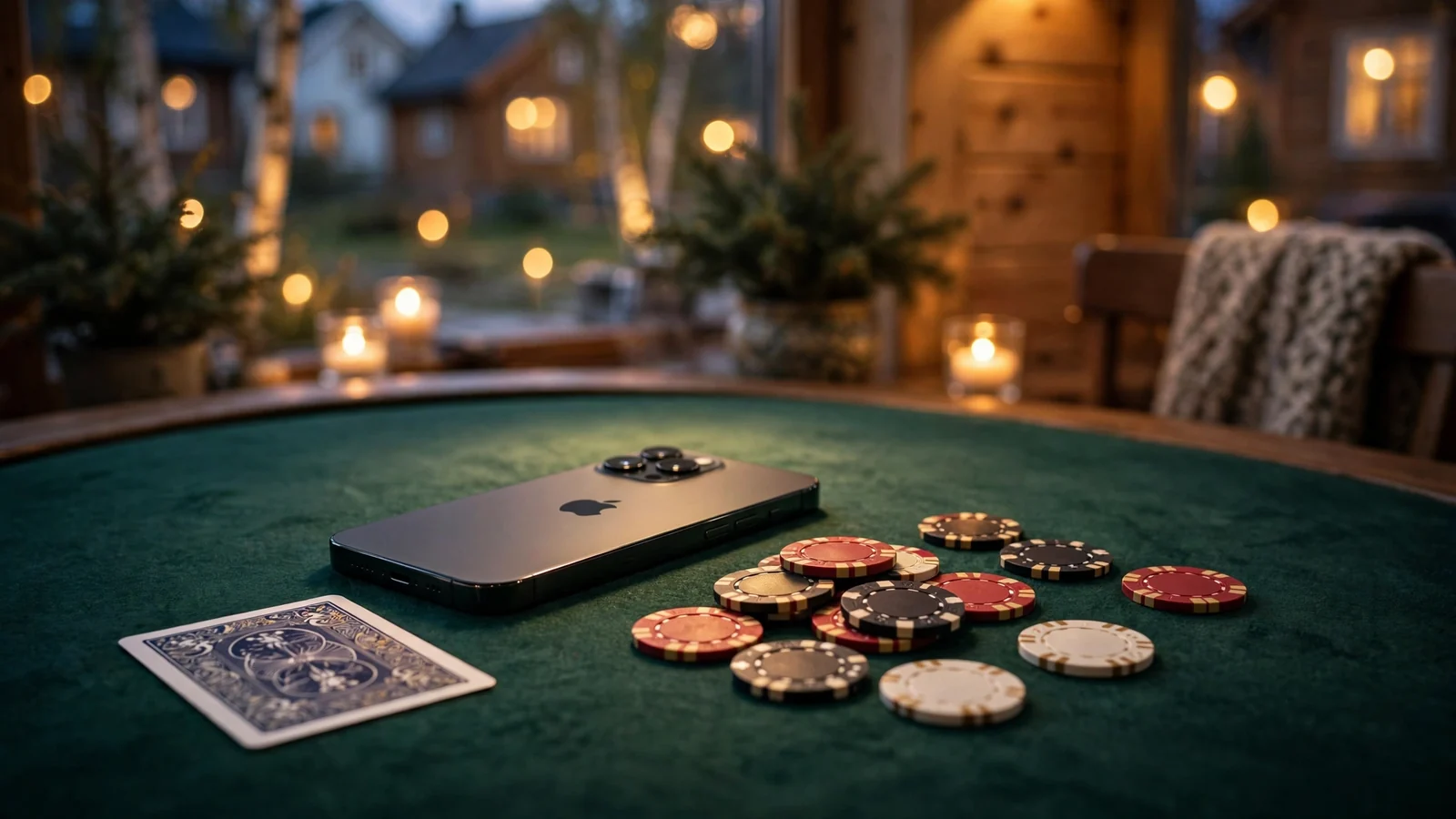 iPhone på et casinobord med jetonger og kort