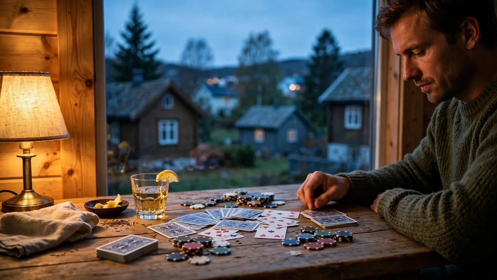 Casinochips og spillkort på et trebord i norsk kveldslys