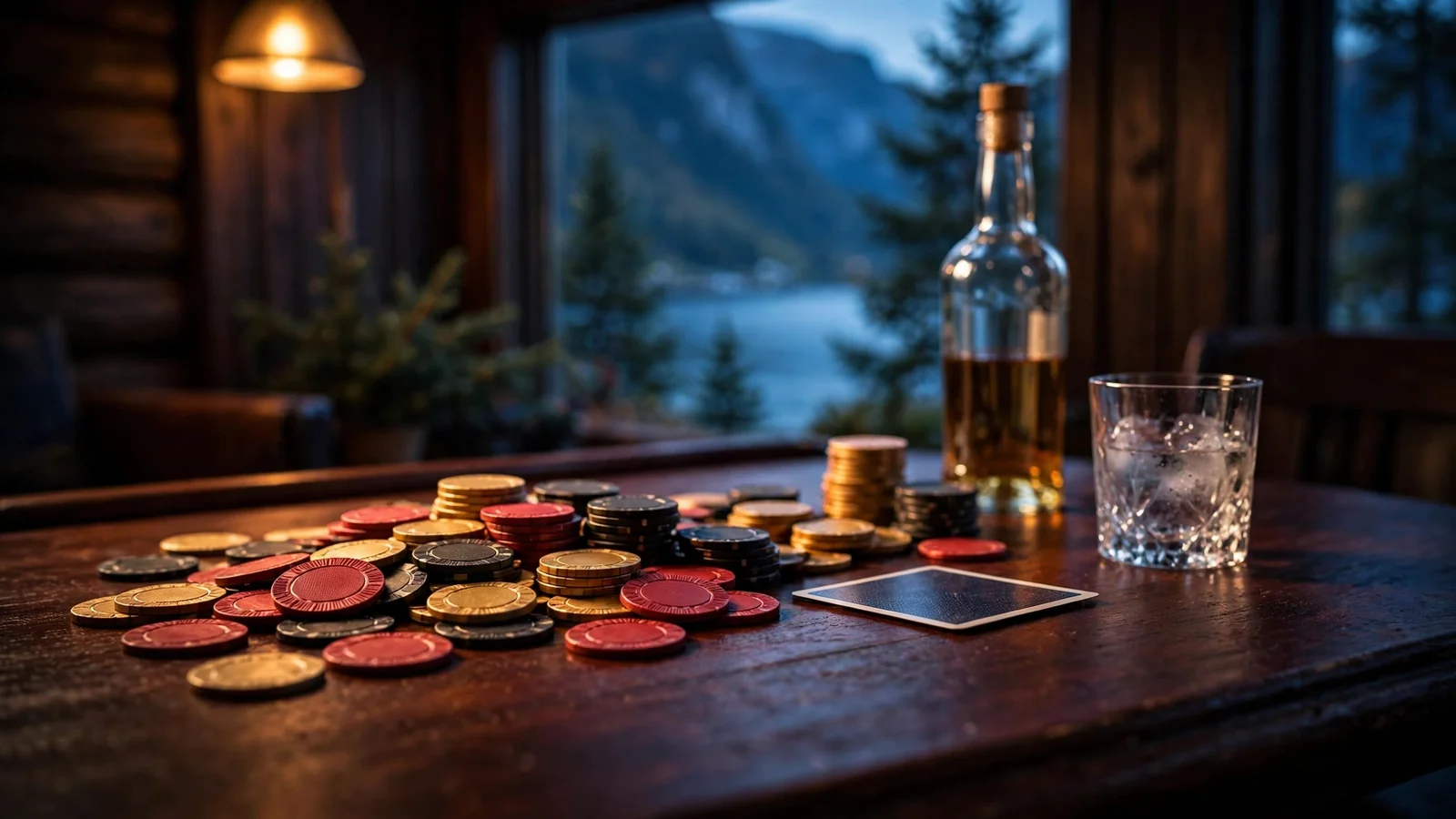 Norsk casinobord med jetonger, kort og akvitt i dempet belysning