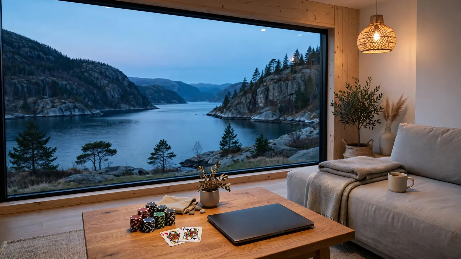 Moderne norsk stue med pokerjetonger og kort på bordet, utsikt over fjord