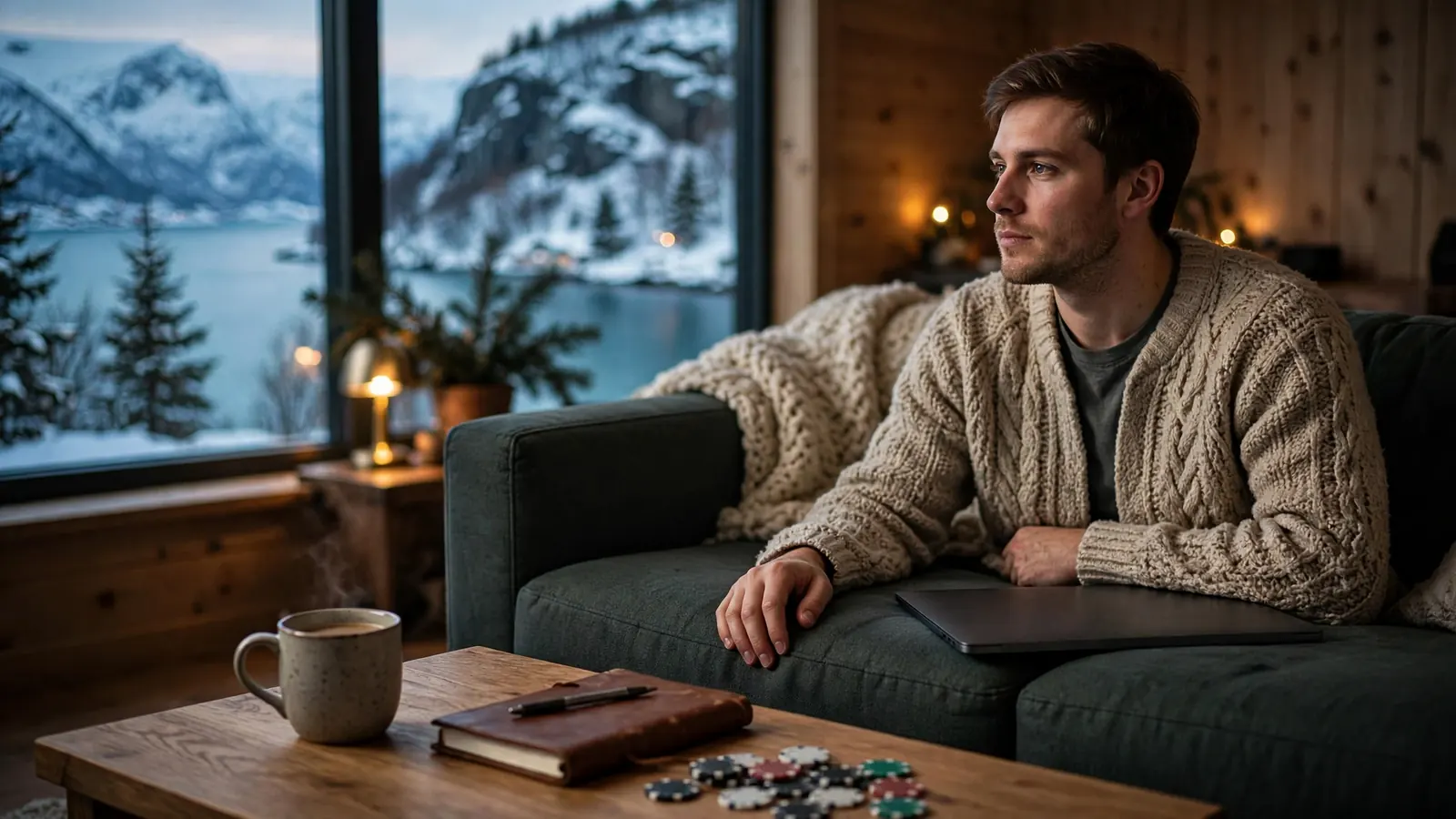 Mann i norsk stue med lukket bærbar PC og casinobrikker på bordet