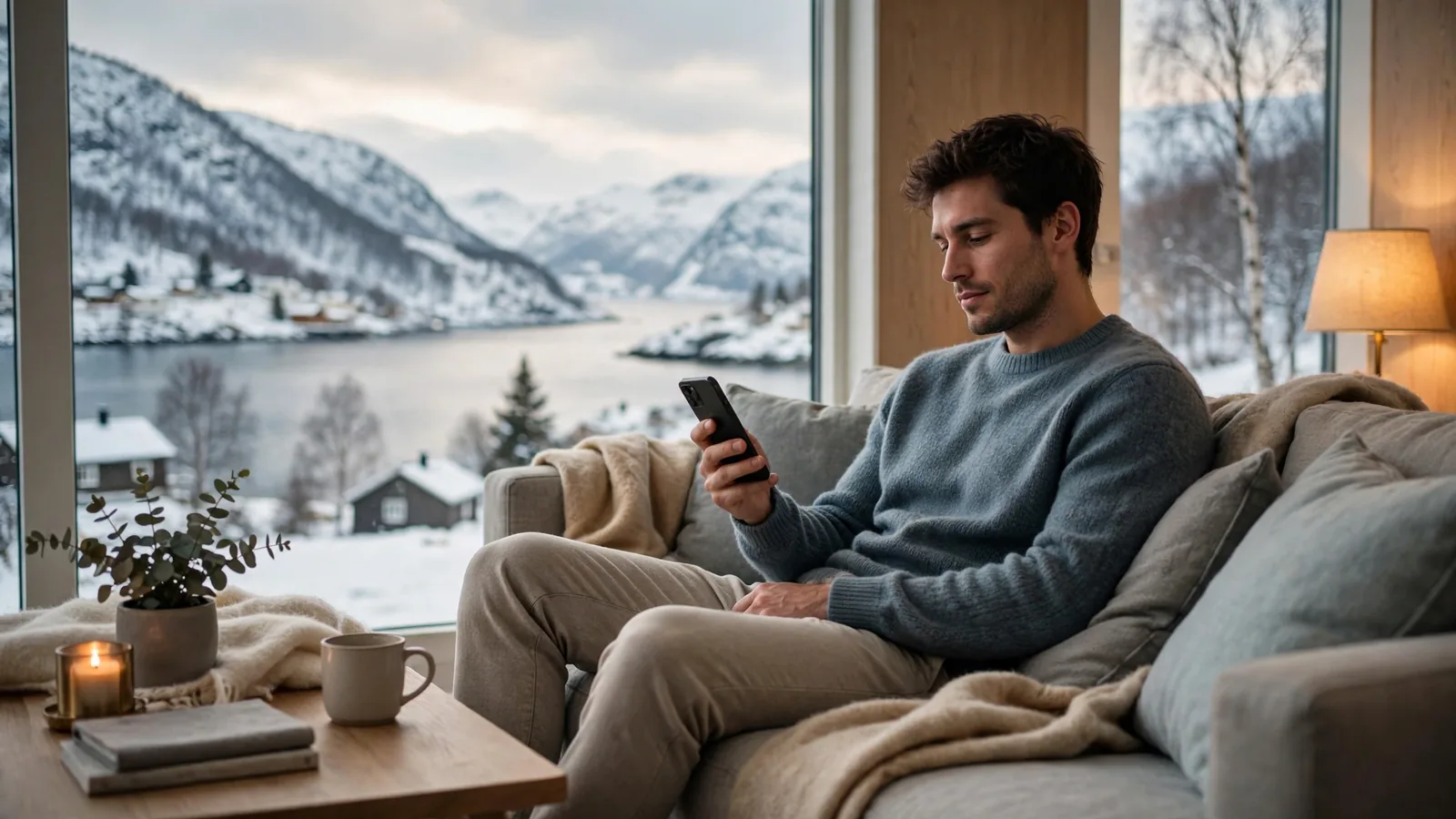 Person i norsk stue holder mobiltelefonen mens snødekt fjord ses gjennom vinduet