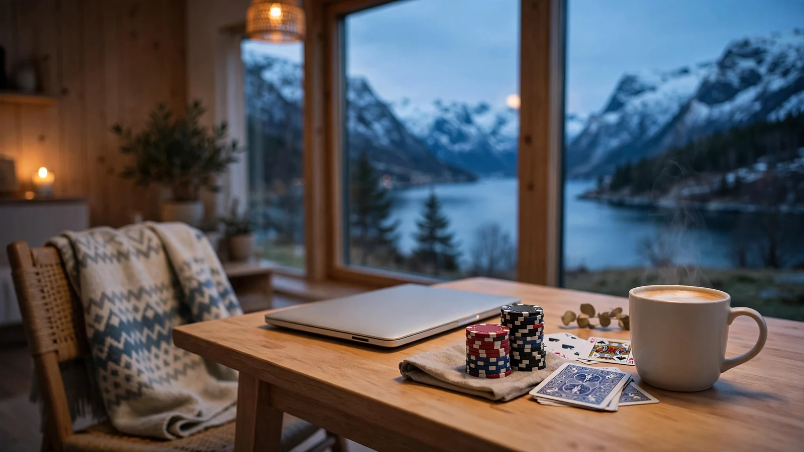 Koselig stue med fjordutsikt, lukket laptop og casinobrikker på bordet