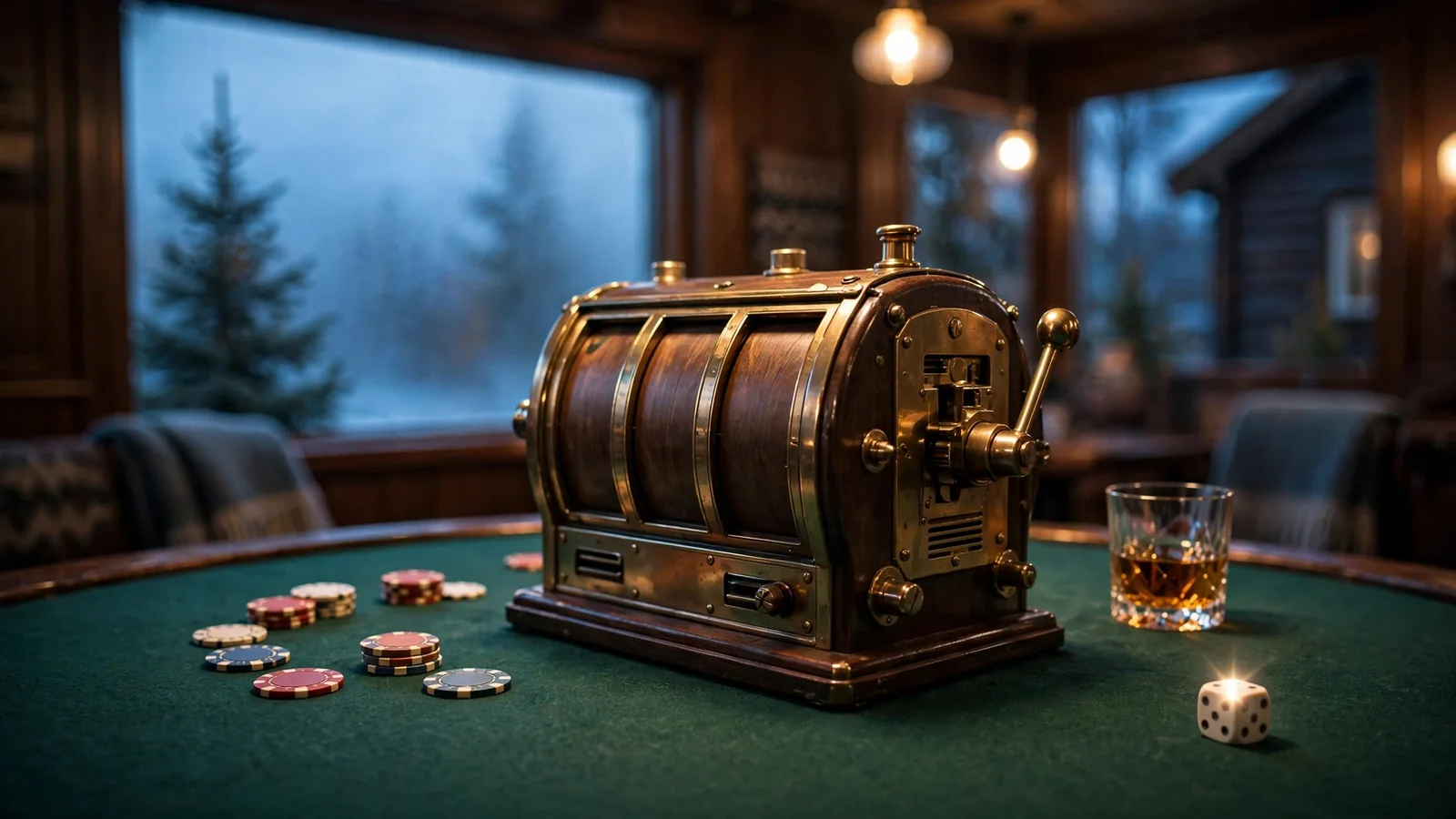 Klassisk spilleautomat av messing på grønt filtbord i norsk lounge