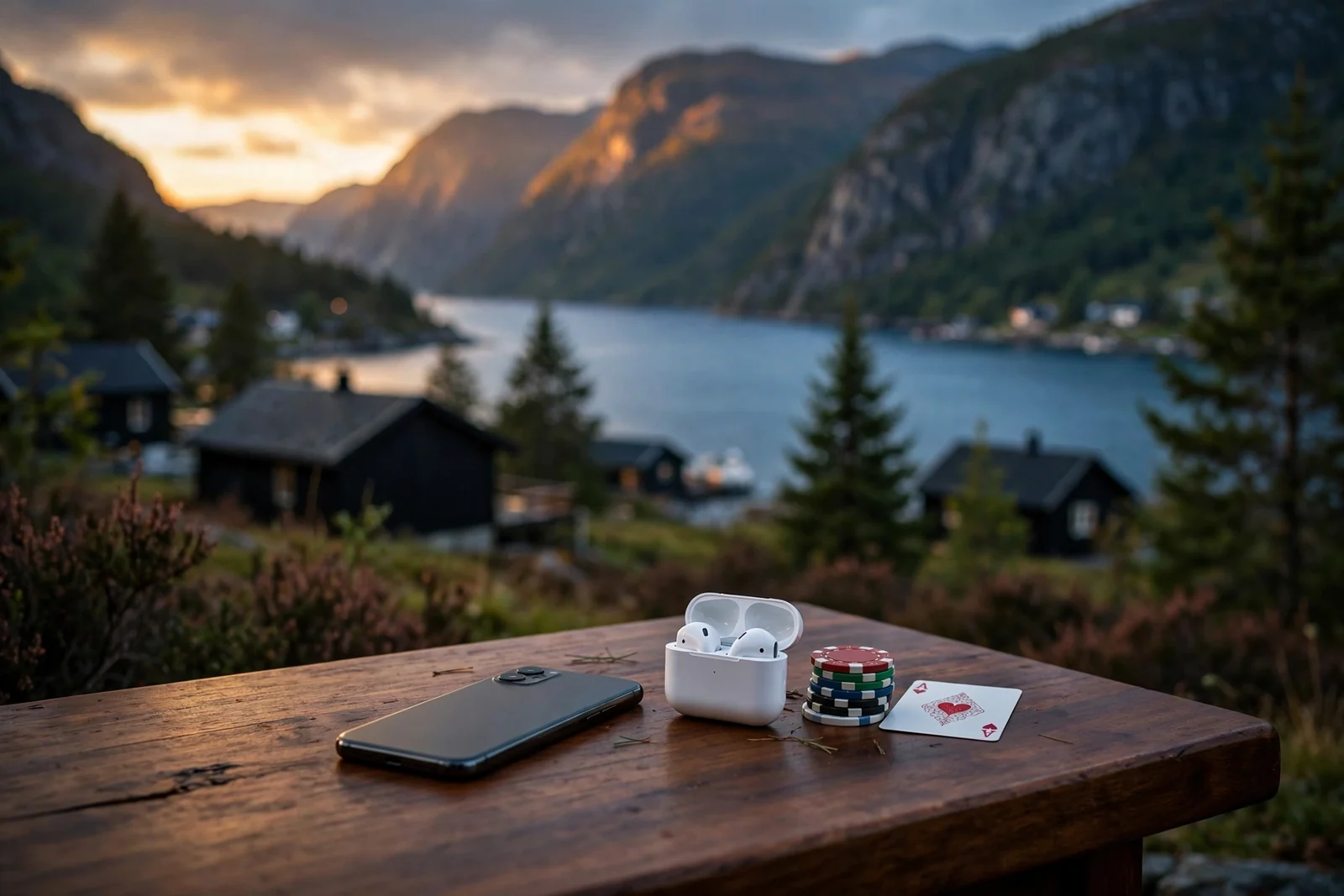Smarttelefon på bord ved norsk fjord ved skumring, med pokerjetonger ved siden av.
