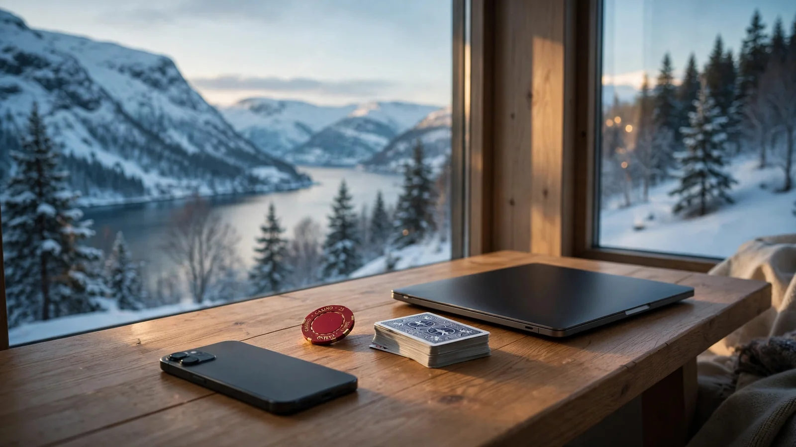 Nettcasino-enheter på bord ved vindu mot norsk fjord