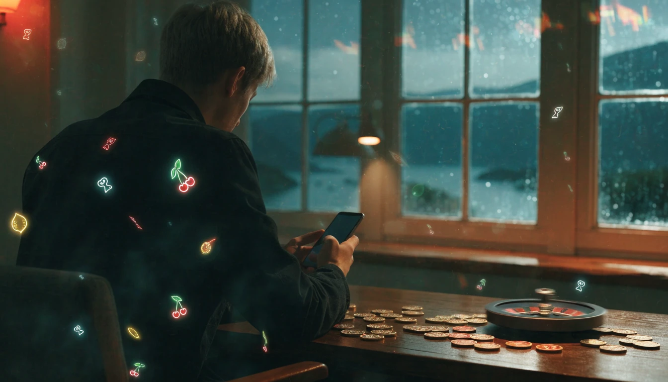 Spiller med mobil, casinobrikker og rulett på bordet, norsk nattstemning