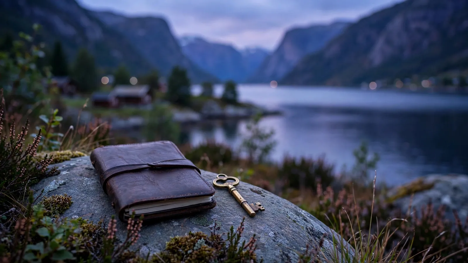 Notatbok og nøkkel ved en rolig norsk fjord, symboliserer personvern