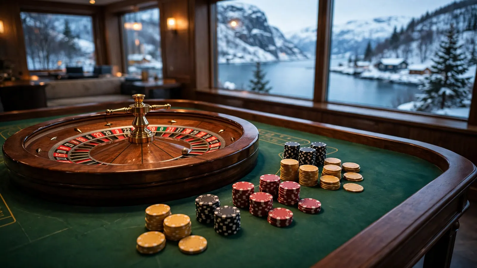 Roulettehjul med jetonger og norsk fjord i bakgrunnen