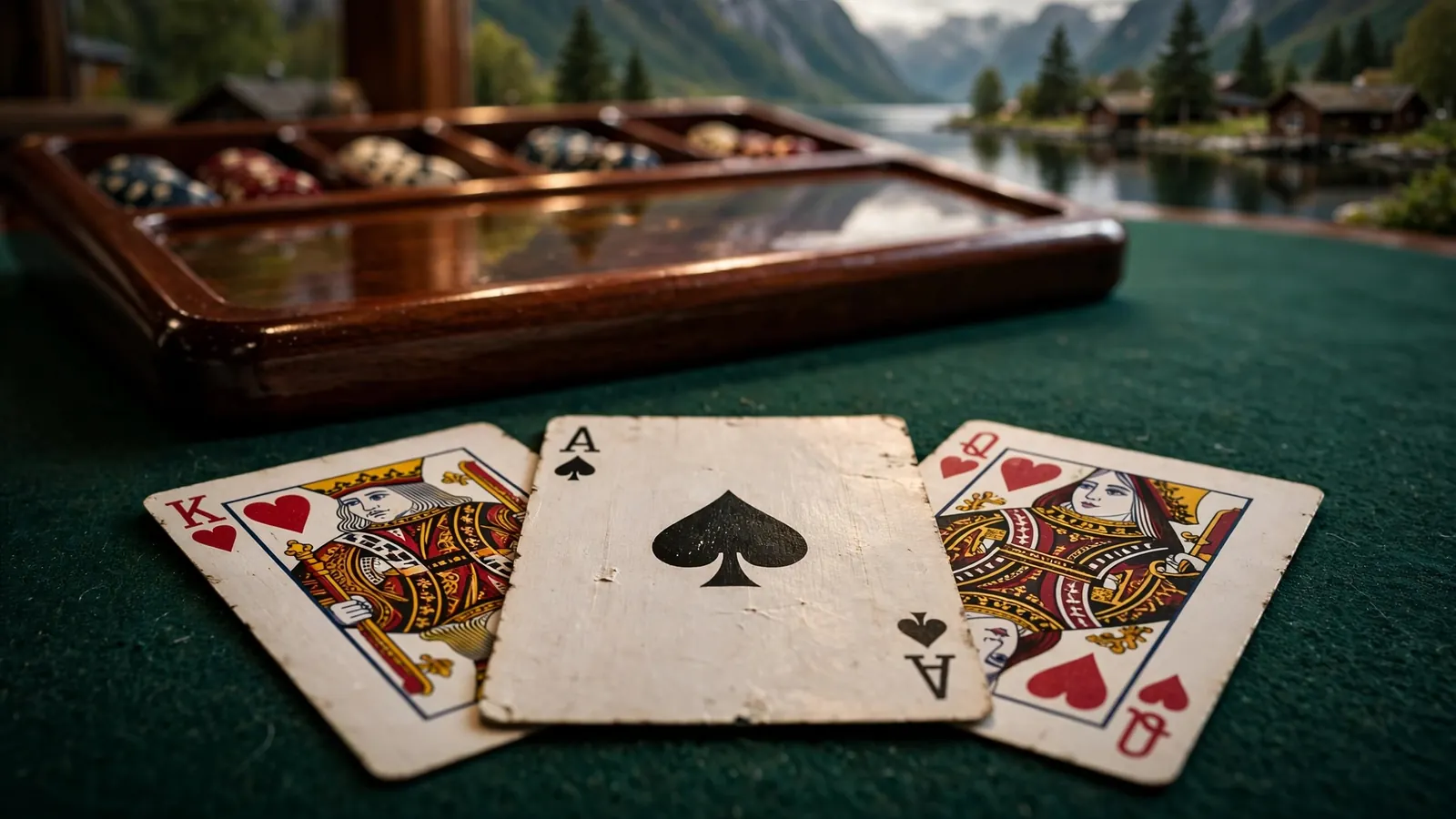 Spillkort i blackjack på et grønt filtbord