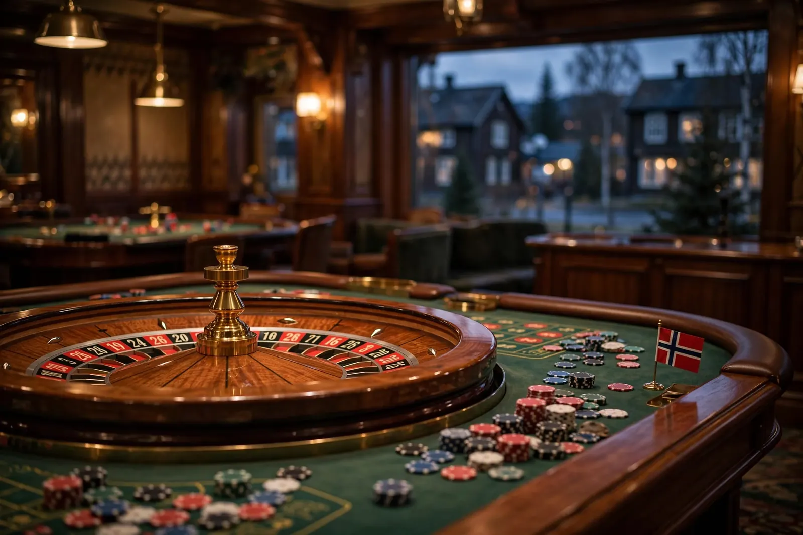 Roulettehjul og innsatsbord i et elegant norsk casino