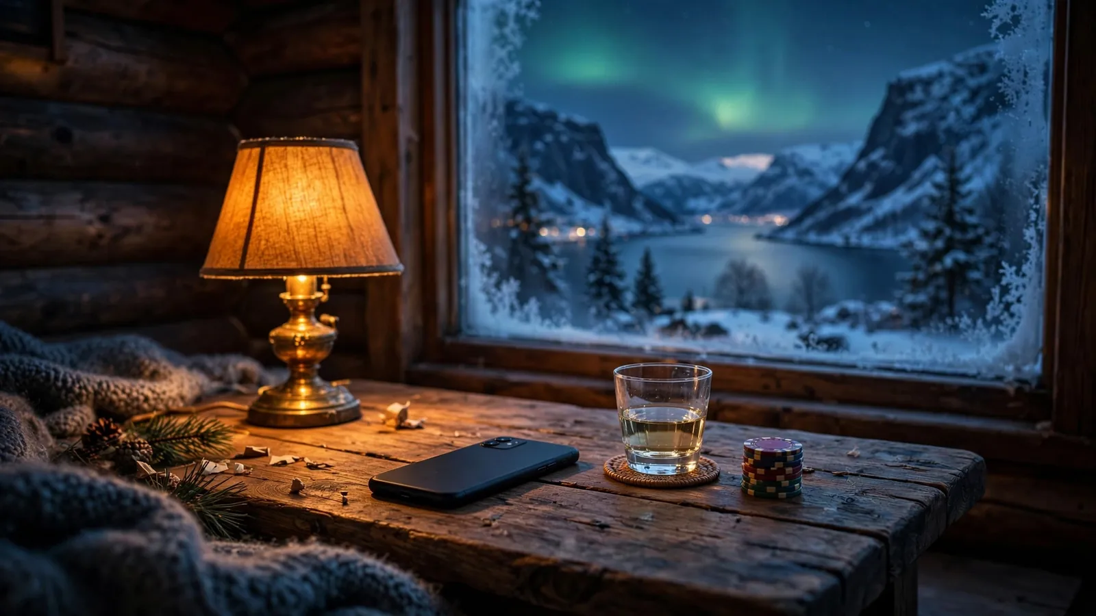Koselig norsk hytte med smarttelefon og casinobrikker ved fjord