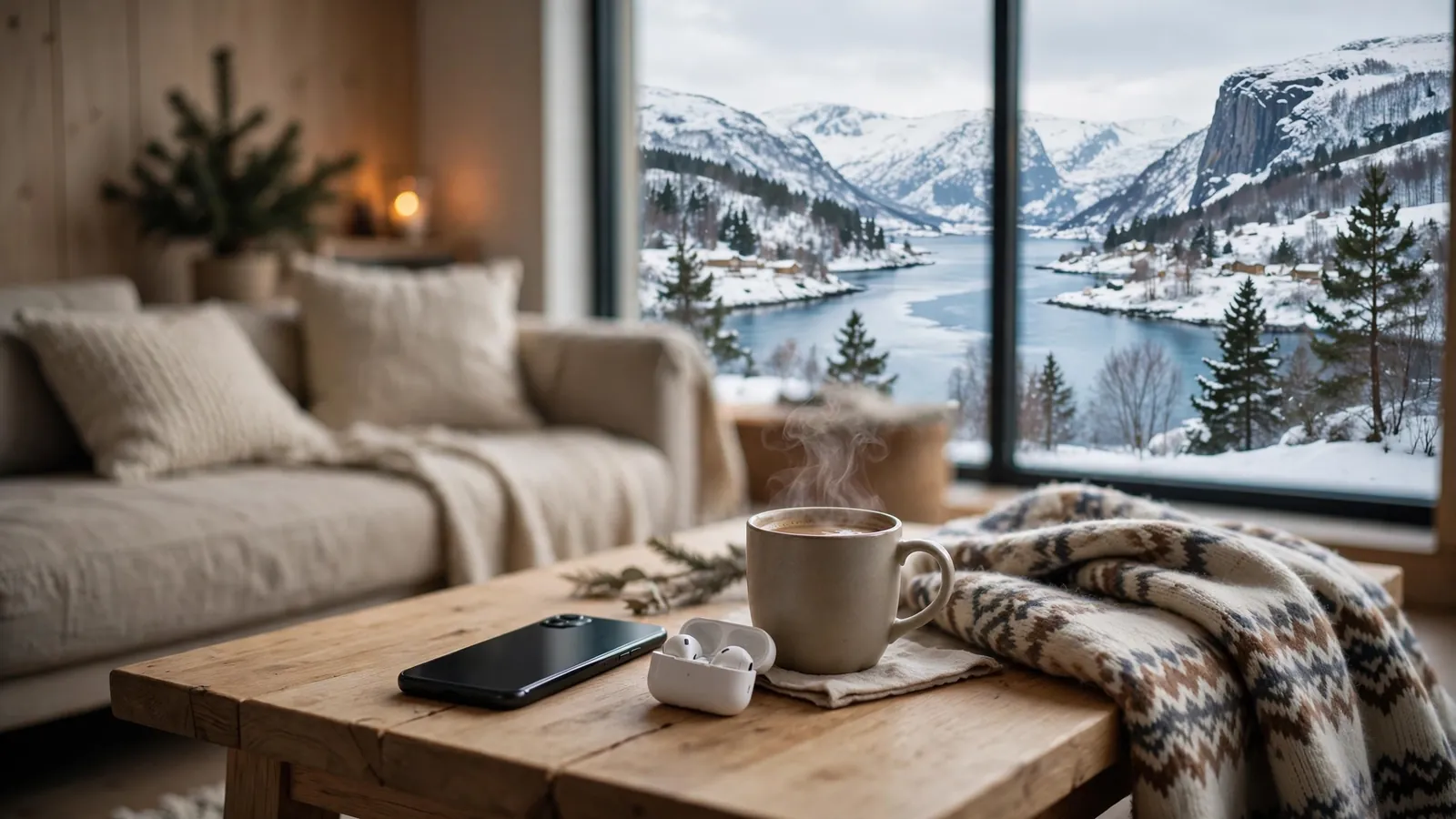 Koselig norsk stue med kaffe og telefon ved siden av utsikt over fjord