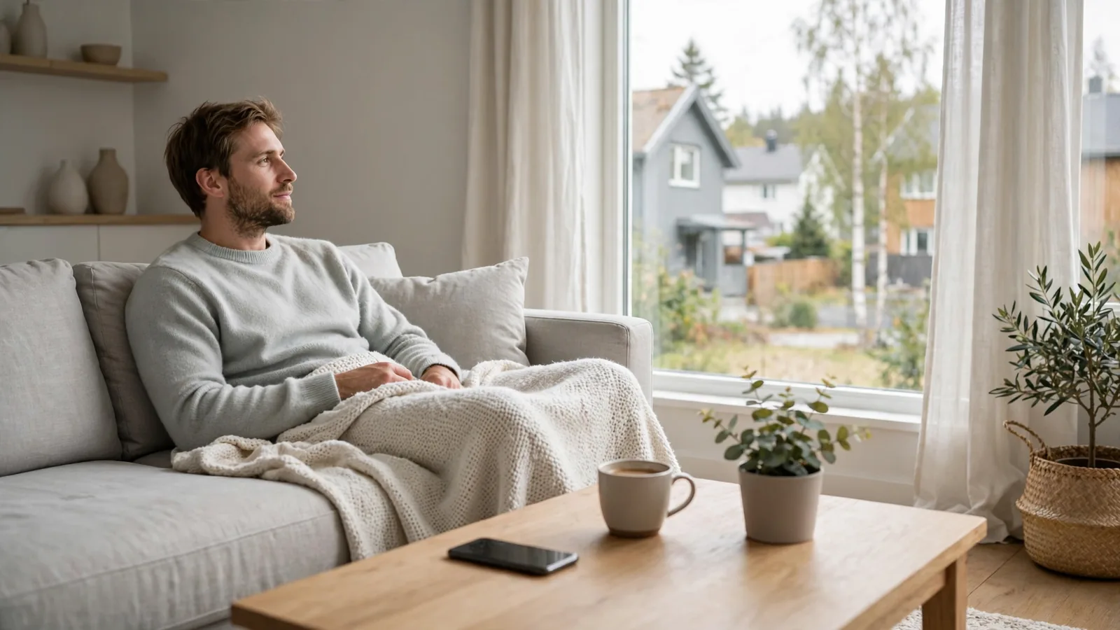 Smarttelefon vendt ned på et sofabord i en moderne, minimalistisk norsk stue.