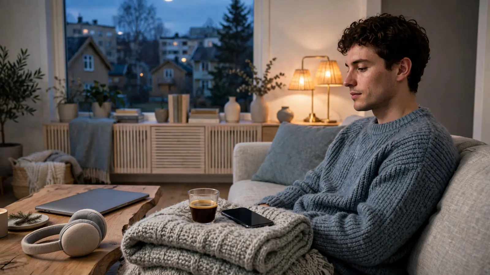 Norsk stue med laptop og kaffekopp, tenker før spilling