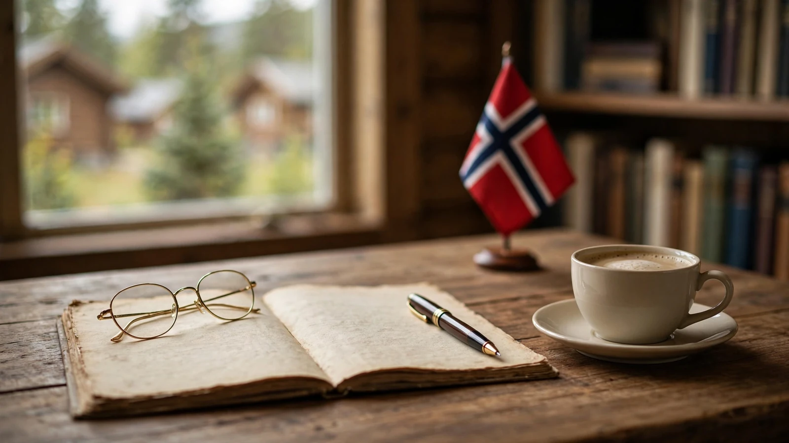 Briller og dokumenter på et skrivebord med norsk flagg i bakgrunnen