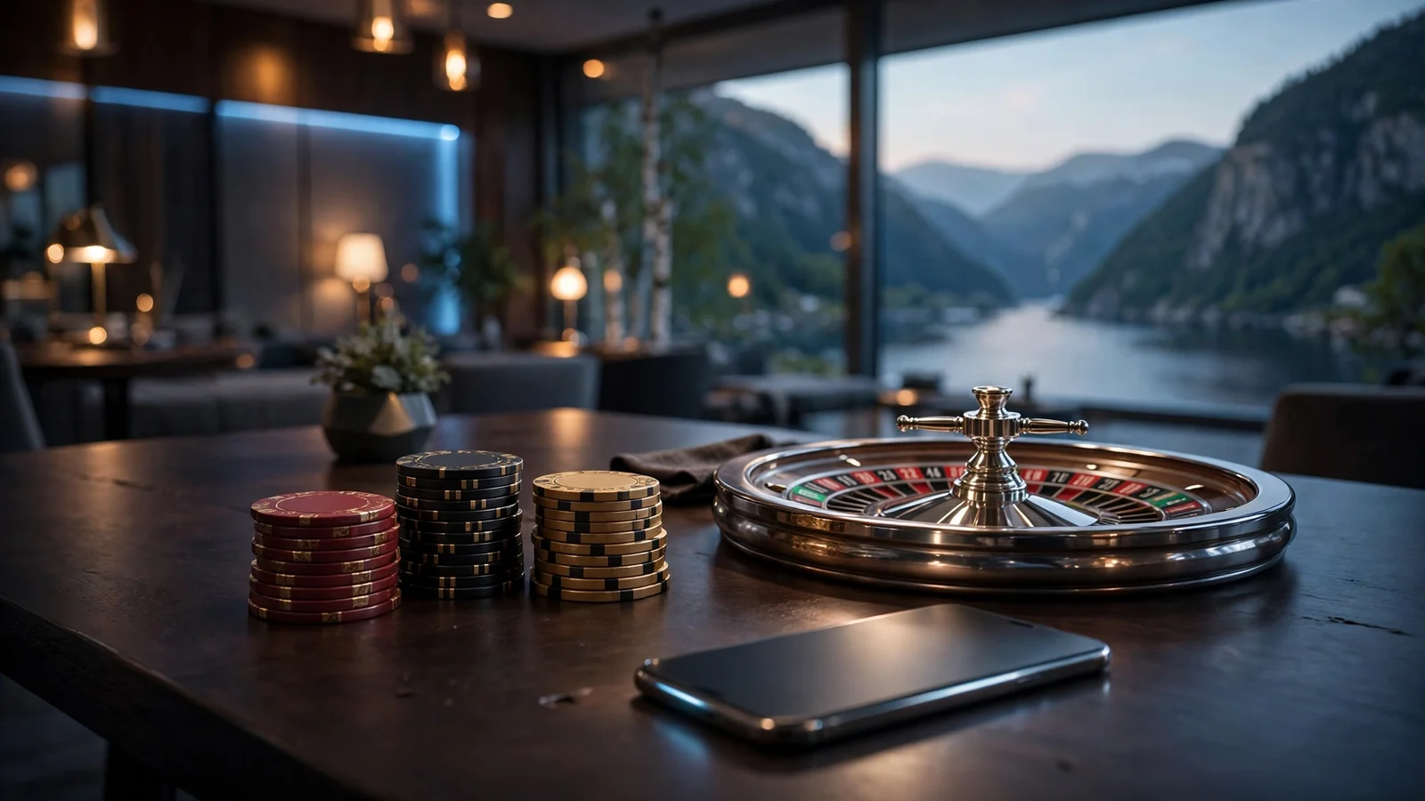 Casino-bord med jetonger, rulett og telefon i moderne norsk atmosfære