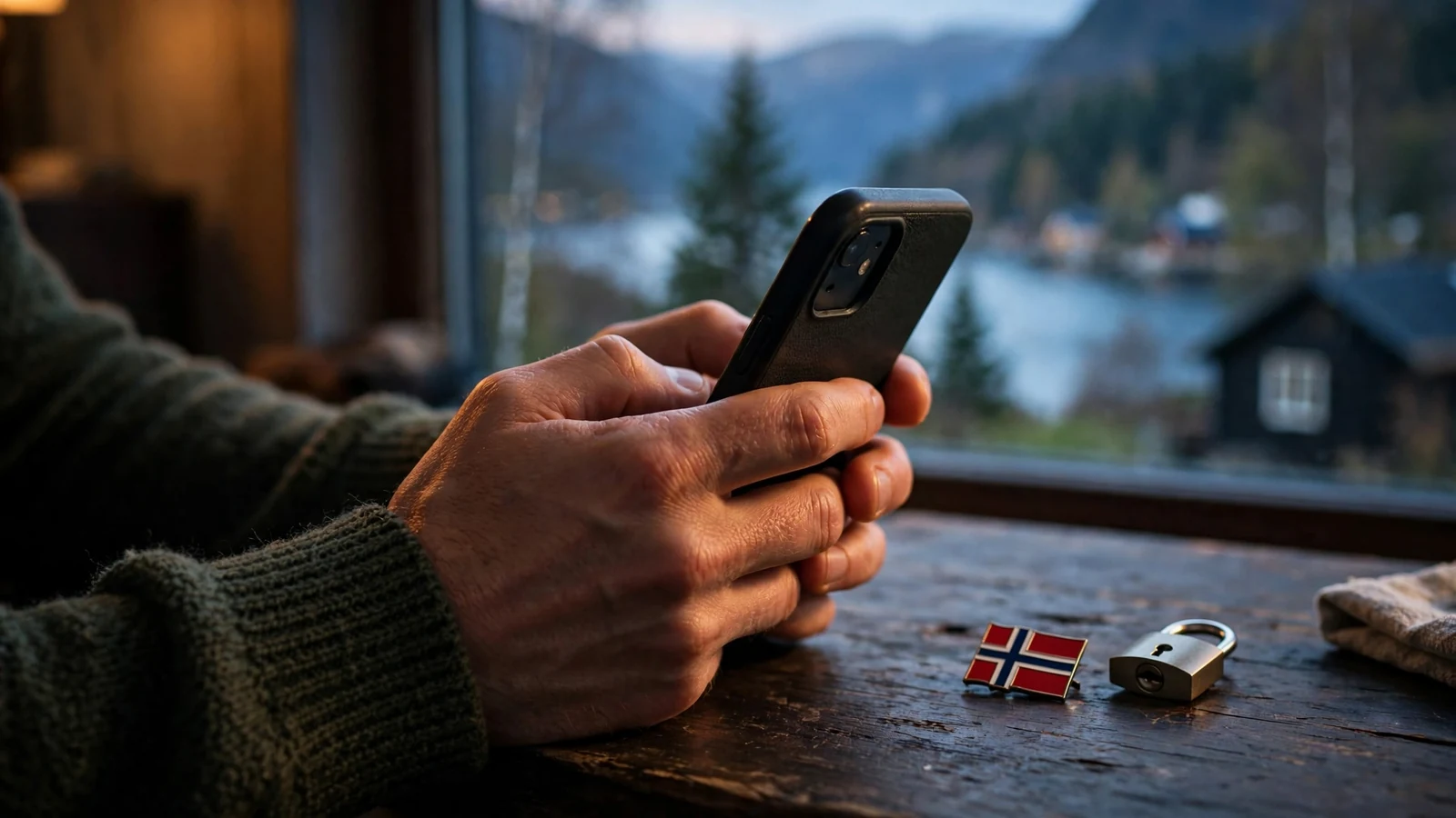 Hendene holder en telefon med en hengelås ved siden av, norsk flagg
